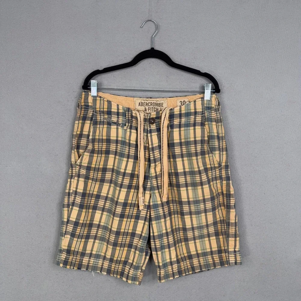 Abercrombie & Fitch Shorts Mens 30 Yellow Plaid Cargo Drawstring Preppy Gorp Y2k